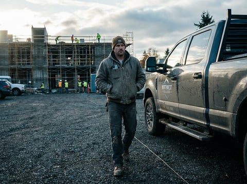 Trades business owner walking toward his truck mid-afternoon, calm and unhurried, jobsite running behind him