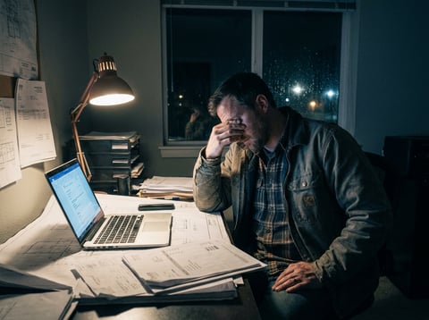 Trades business owner alone at his desk late at night surrounded by paperwork, exhausted posture, open laptop