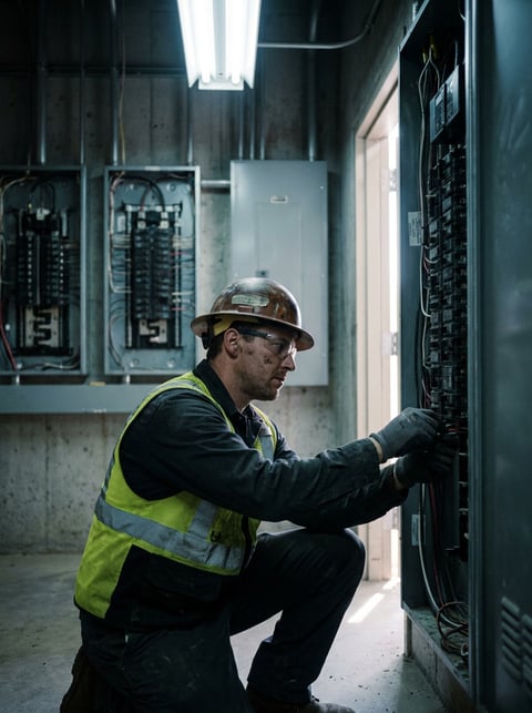 Electrician working at a large commercial electrical panel room with multiple breaker panels visible