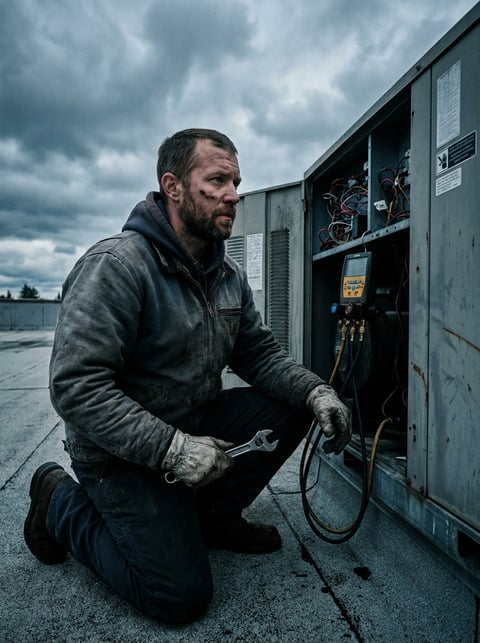 HVAC technician working on commercial rooftop air handling equipment, industrial Pacific Northwest setting
