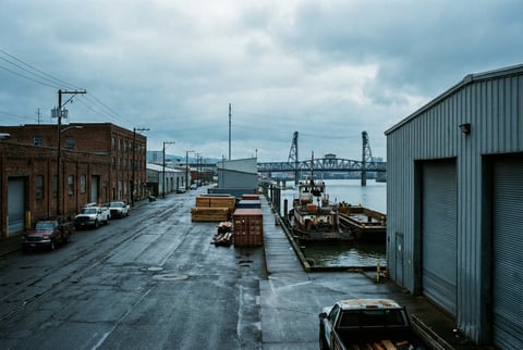 Portland Oregon working waterfront or east side industrial neighborhood, overcast Pacific Northwest light
