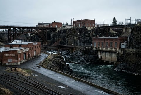 Spokane Washington Riverfront or downtown industrial district with basalt rock character, eastern Washington
