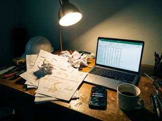 Contractor's desk late at night with unprocessed invoices, open laptop showing a spreadsheet, and a phone showing missed calls