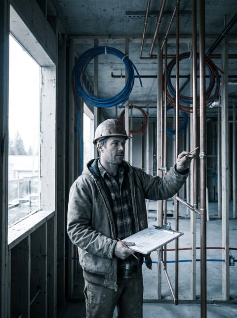Plumbing foreman reviewing job plans on clipboard inside commercial rough-in with exposed copper and PEX piping