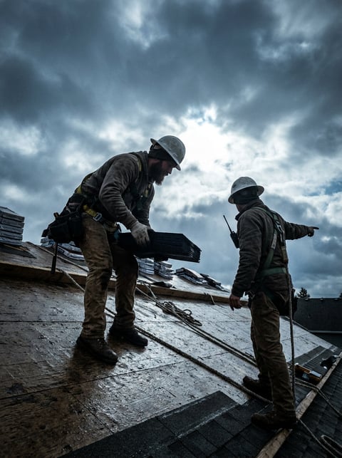 Two roofers working at the ridge line of a steep residential roof against a clearing Pacific Northwest sky