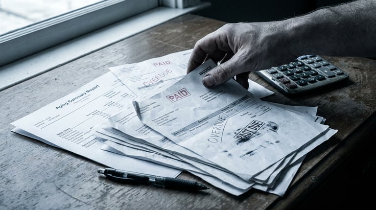 Stack of contractor invoices on a desk with an aging report on top, some marked past due, pen and calculator beside them
