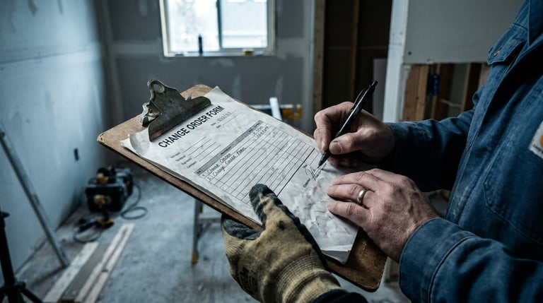 Contractor clipboard with a change order form being reviewed at a job site, work in progress blurred behind