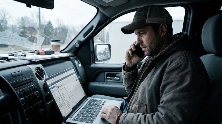 Contractor on the phone with a customer while reviewing a customer job history record on a laptop in a truck cab