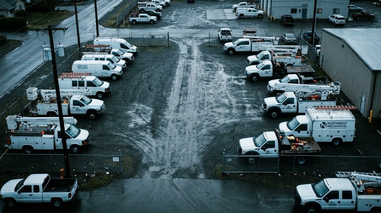 Fleet of branded service trucks in a company yard at early morning before the day's first dispatch