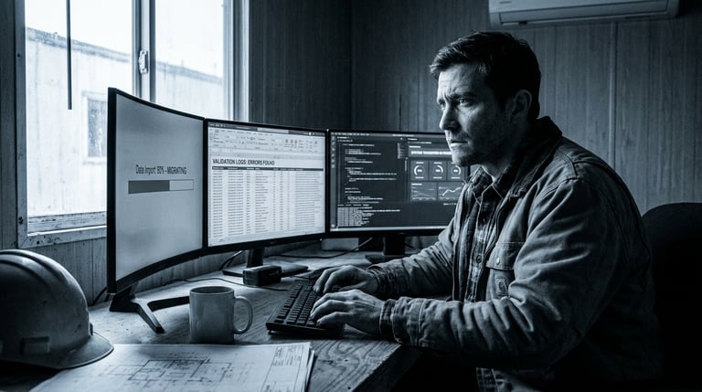 Operations team member at a workstation monitoring software migration progress on dual screens