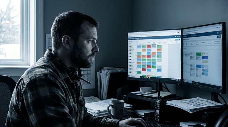 Operations coordinator at dispatch desk with dual monitors showing field service scheduling board and job queue