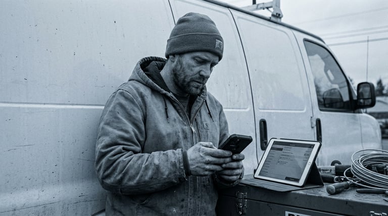 Trades technician in the field using a mobile scheduling app on a smartphone to update job status