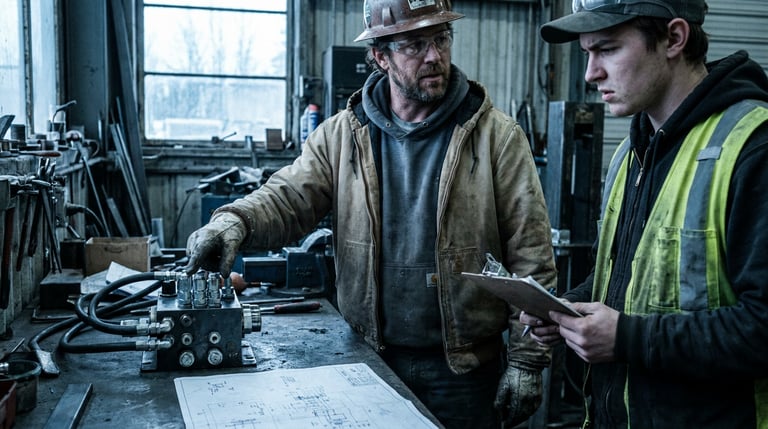 Experienced trades worker walking a new hire through a task at a real job site, not a staged training room