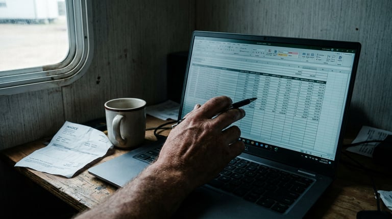 Contractor reviewing detailed job cost breakdown on laptop with invoice and field notes on desk in job trailer