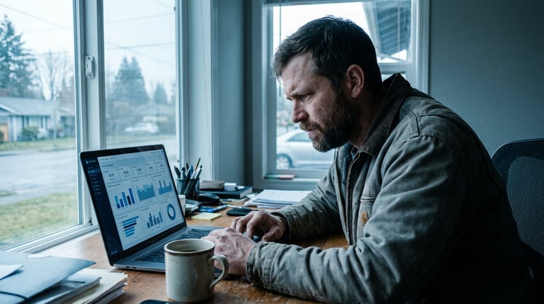 Trades business owner at a home office desk reviewing a printed weekly KPI summary, coffee and morning light