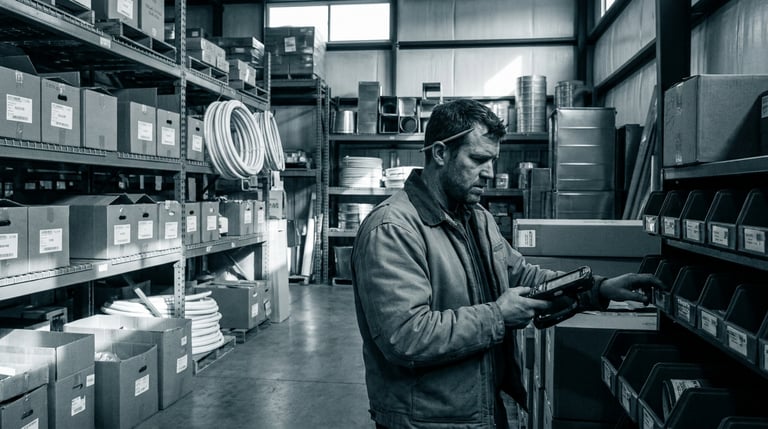 Warehouse worker scanning parts inventory at organized supply shelving with a handheld mobile device