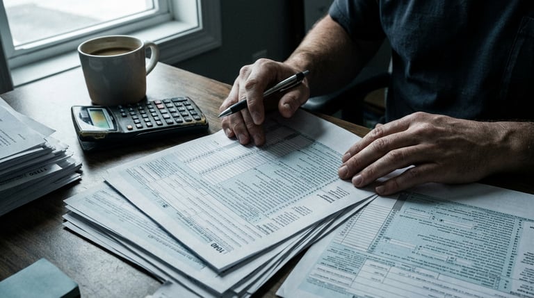 Certified payroll documentation and a calculator on a desk with window light, dense government forms visible