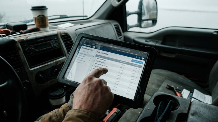 Contractor reviewing a flat-rate pricing screen on a tablet in the passenger seat of a work truck