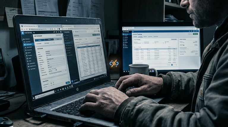 Two software dashboards side by side on a laptop screen with a data sync arrow between field service and accounting apps