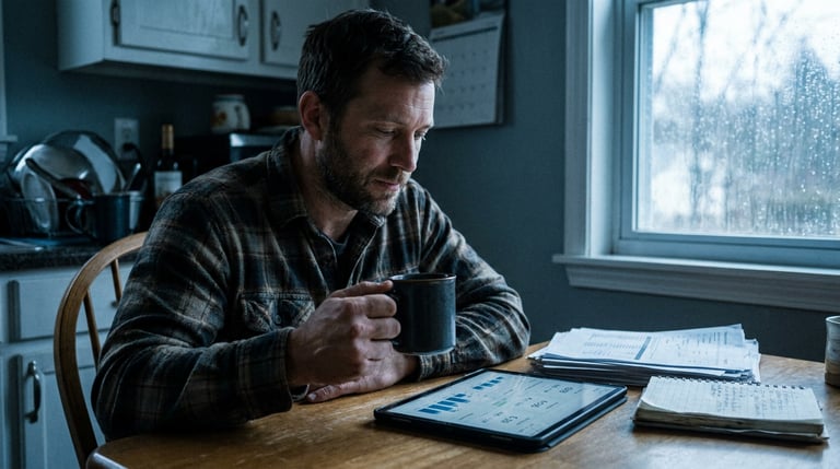 Trades business owner at a kitchen table in early morning reviewing a weekly operations report with coffee
