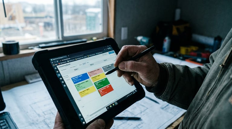 Contractor navigating field service management software on tablet at a job site, service van visible behind
