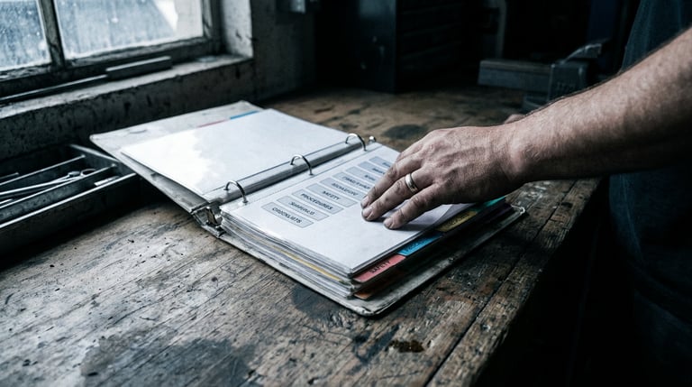Organized tabbed process binder open on a contractor's workbench, hands visible turning a page