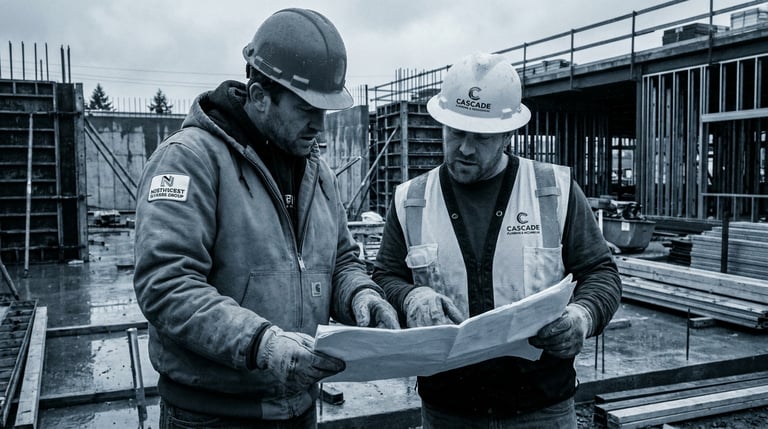 Two contractors reviewing a subcontractor scope document together at a Pacific Northwest commercial job site