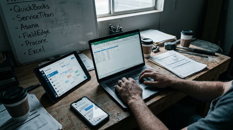 Overhead view of a work desk with multiple disconnected software interfaces open on laptop, tablet, and phone